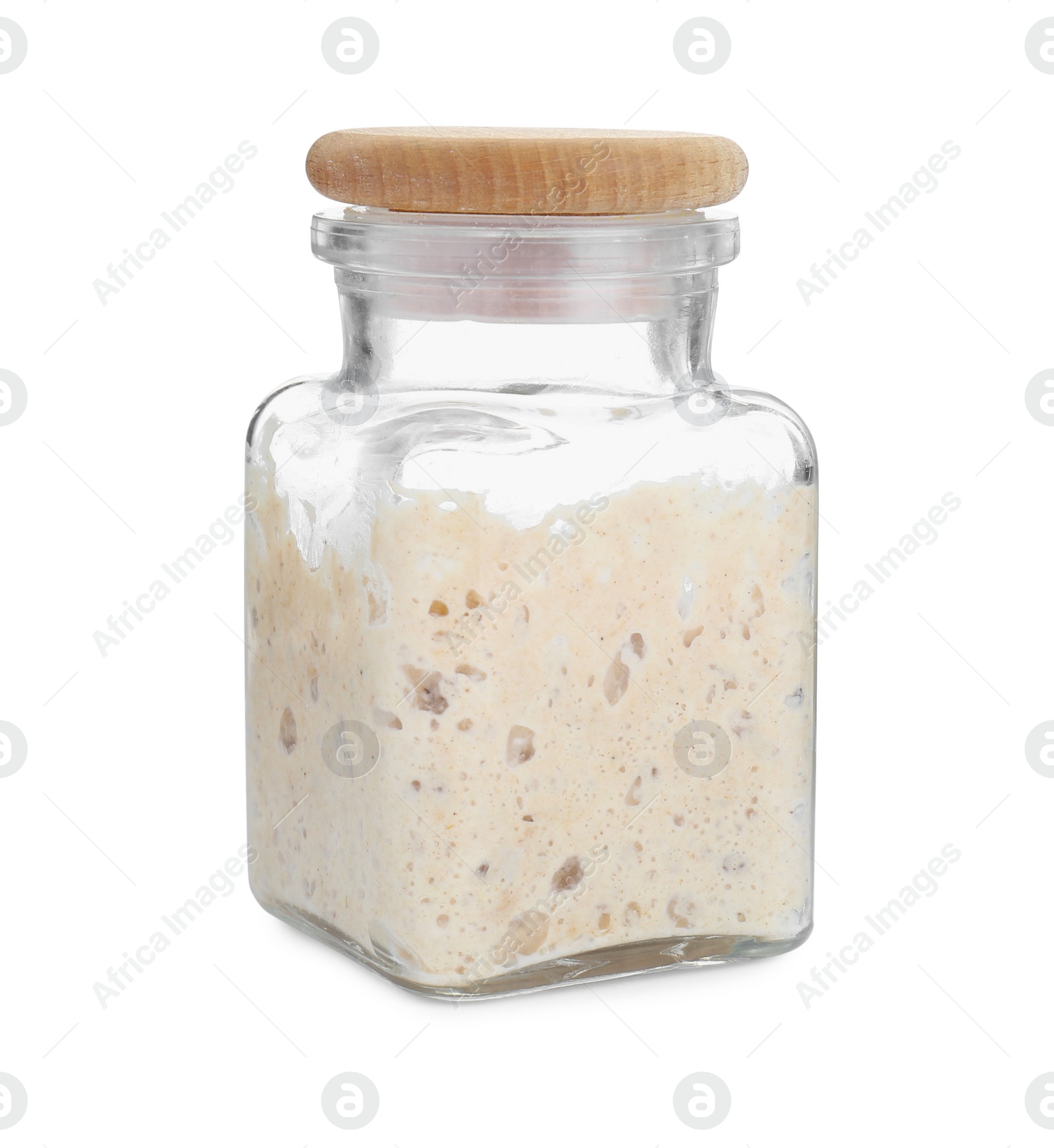 Photo of Fresh leaven in glass jar isolated on white