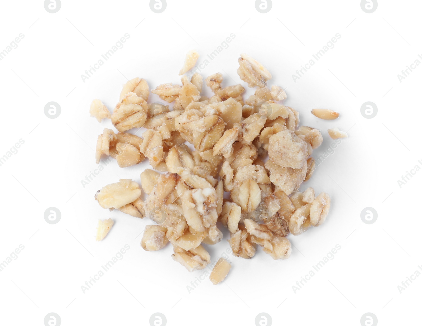 Photo of Pile of granola on white background, top view. Healthy snack