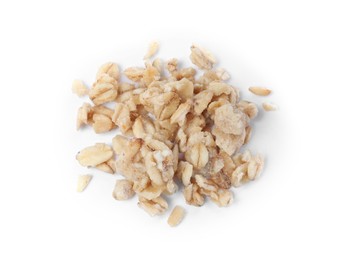 Photo of Pile of granola on white background, top view. Healthy snack