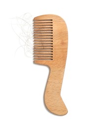 Photo of Wooden comb with lost hair isolated on white, top view