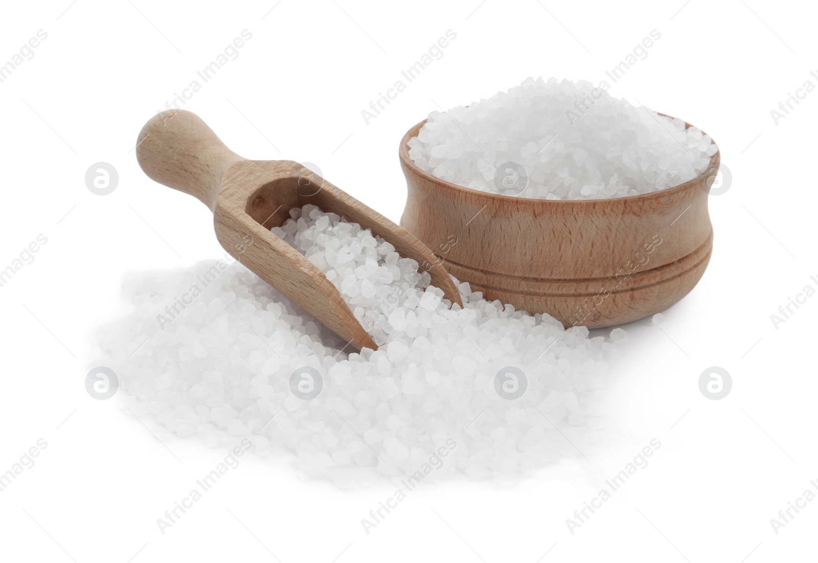 Photo of Natural salt in bowl and scoop on white background