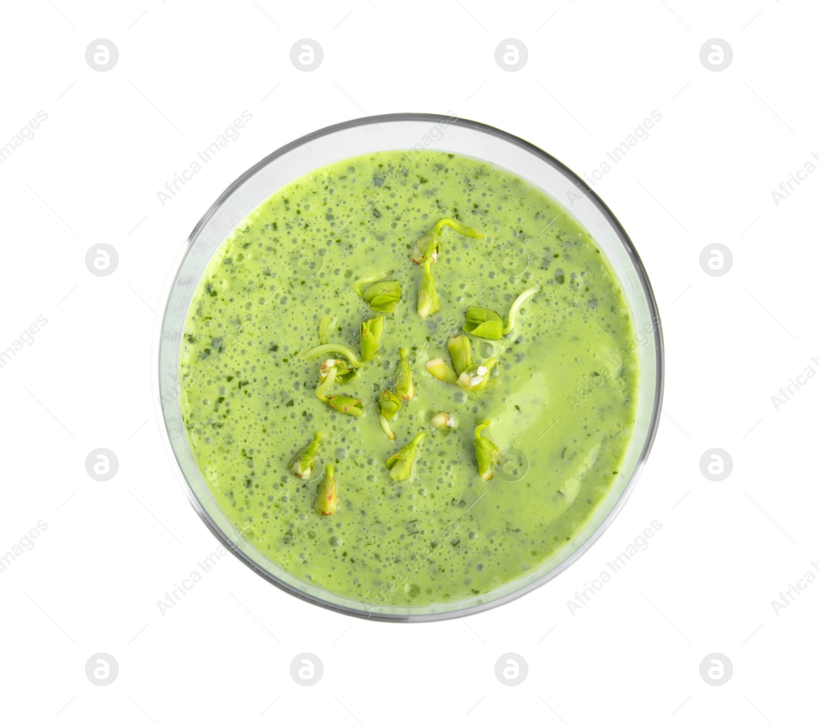 Photo of Glass of green buckwheat smoothie isolated on white, top view