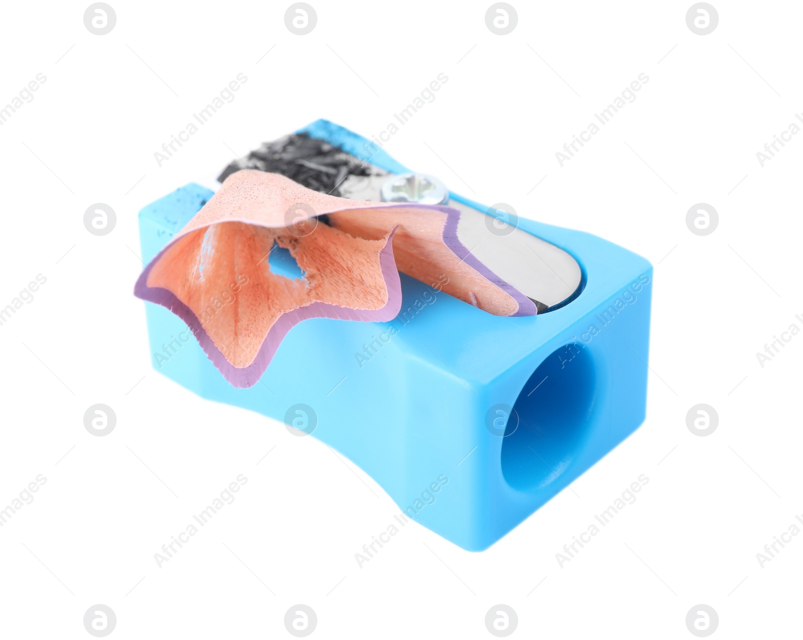 Photo of Light blue sharpener with pencil shavings on white background