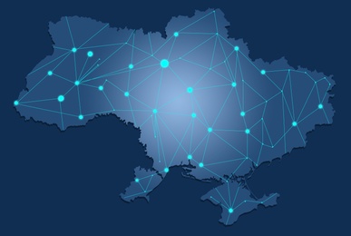 Illustration of Ukraine outline filed with lines and dots on dark blue background, illustration