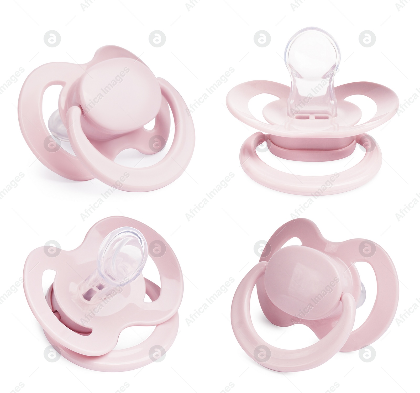 Image of Collage of pale pink baby pacifier on white background, views from different sides