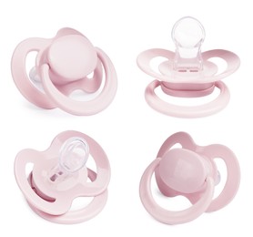 Image of Collage of pale pink baby pacifier on white background, views from different sides