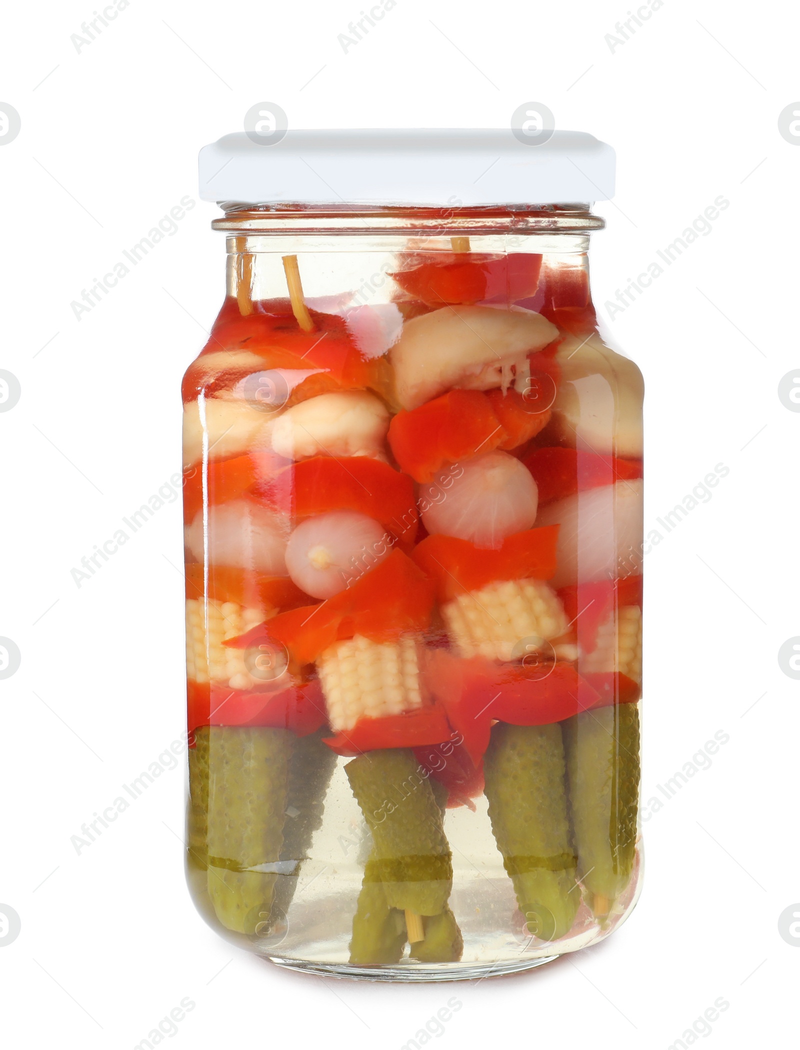 Photo of Jar with pickled vegetables on white background