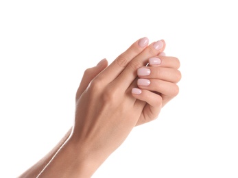 Photo of Woman with beautiful hands on white background, closeup. Spa treatment