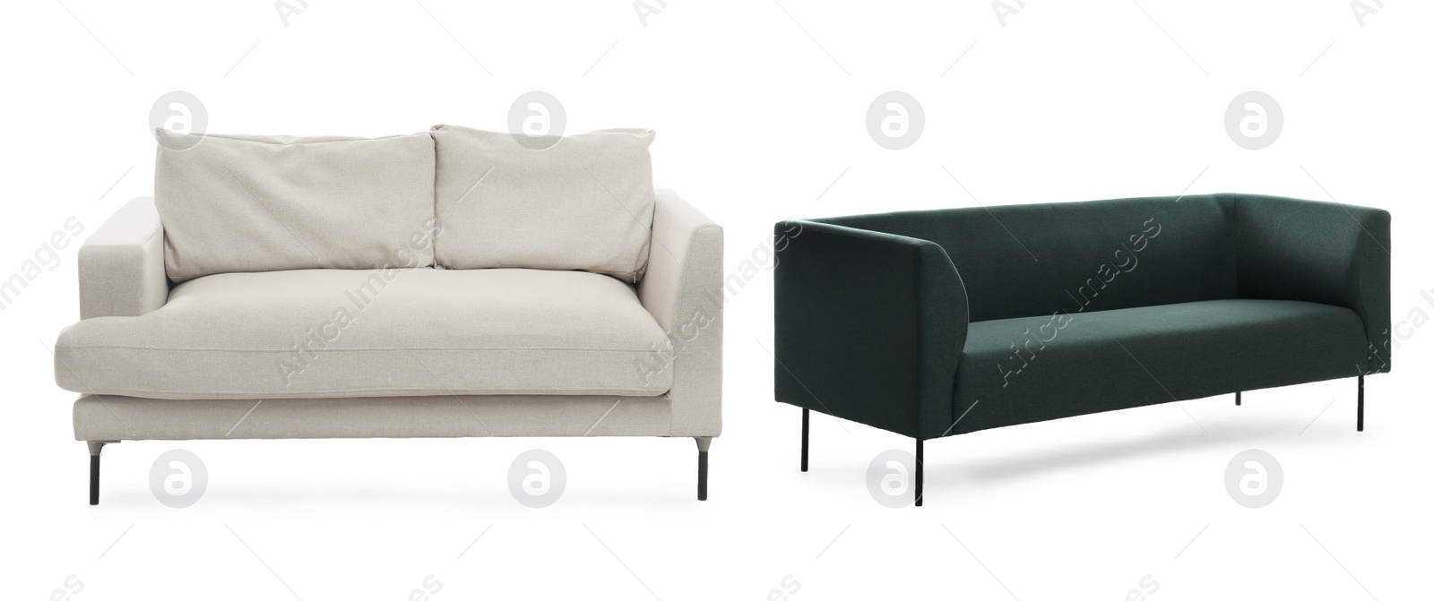 Image of Different stylish sofas on white background, collage. Banner design