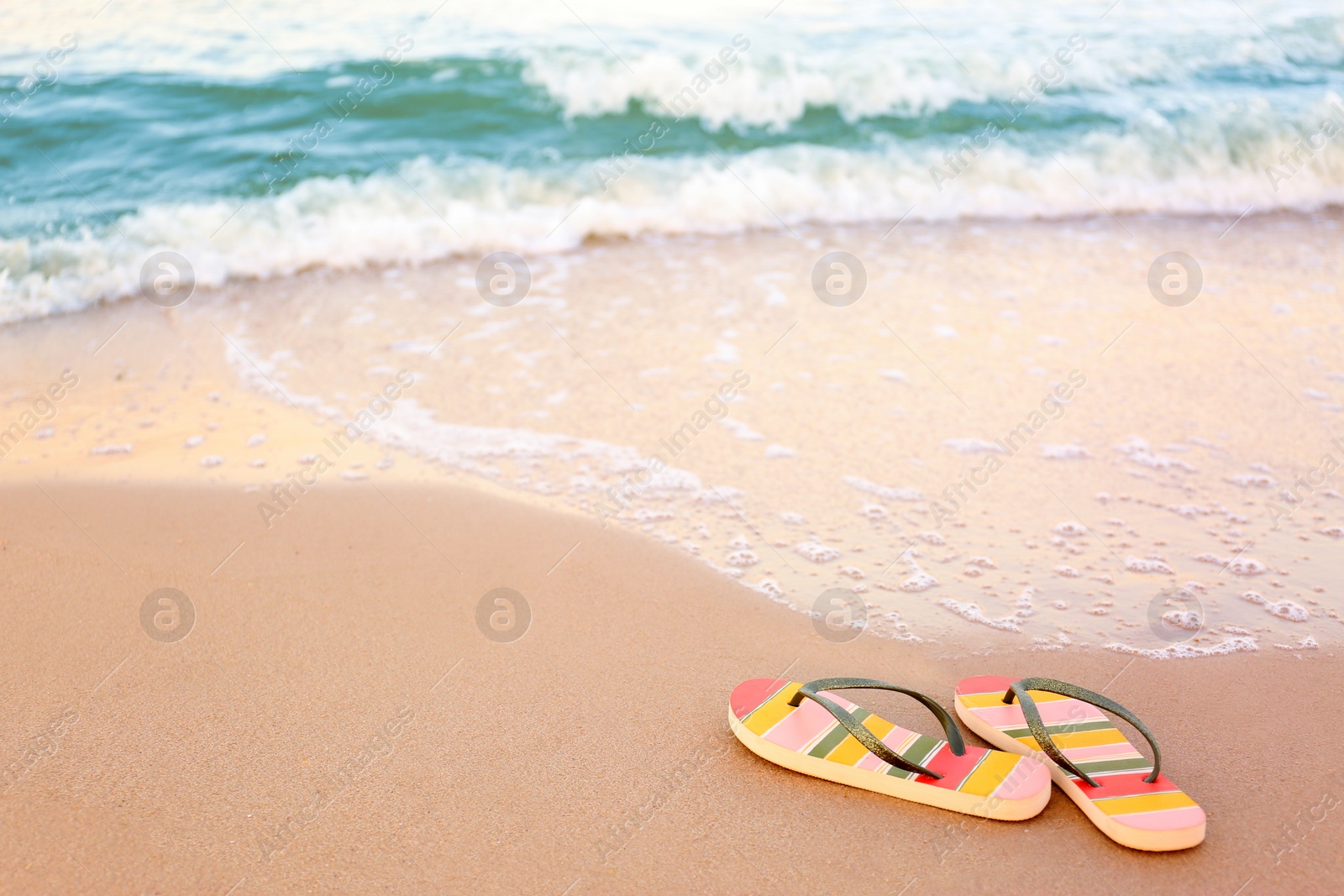 Photo of Stylish flip flops on sand near sea, space for text. Beach accessories