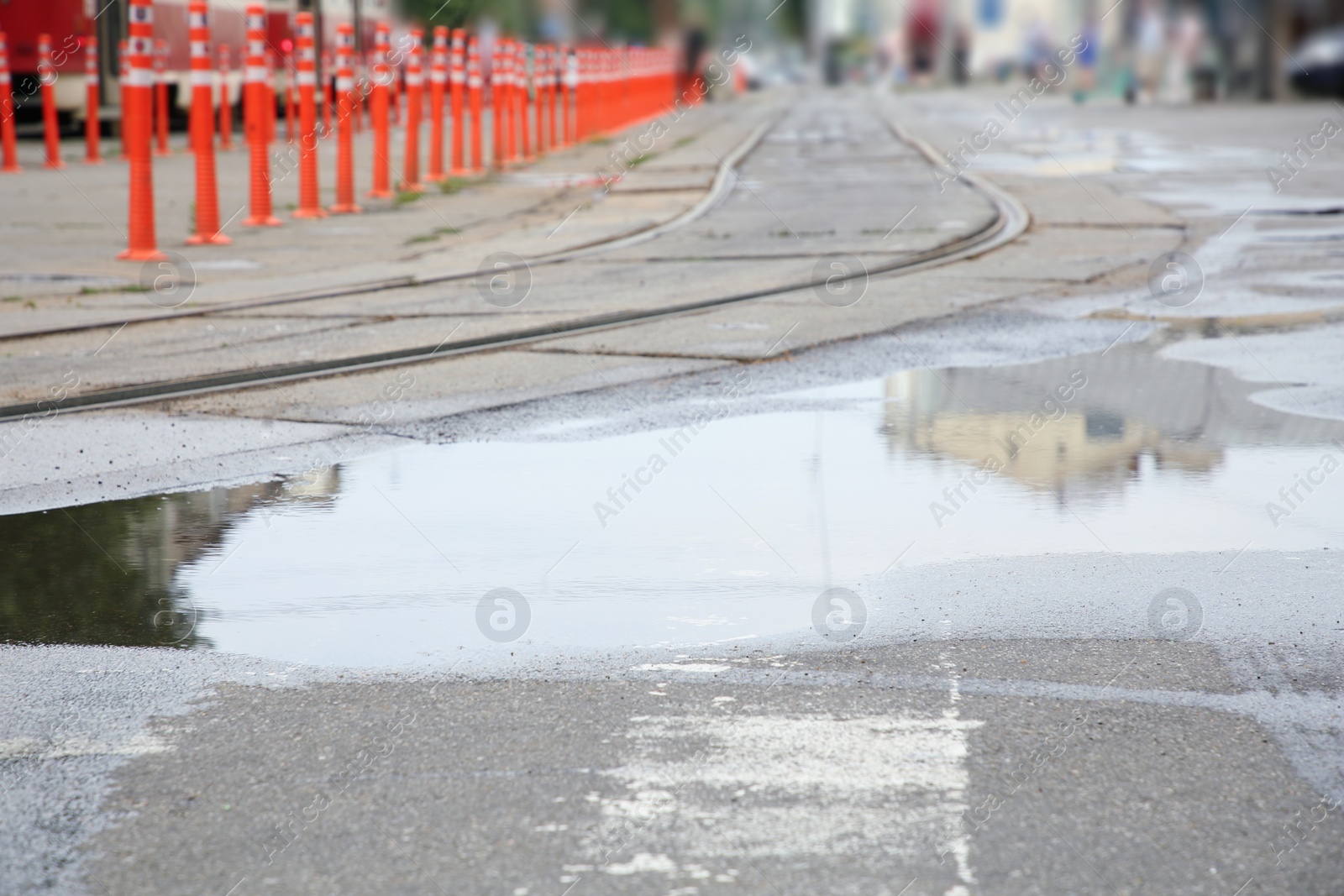 Photo of View of puddle on road outdoors. Rainy day