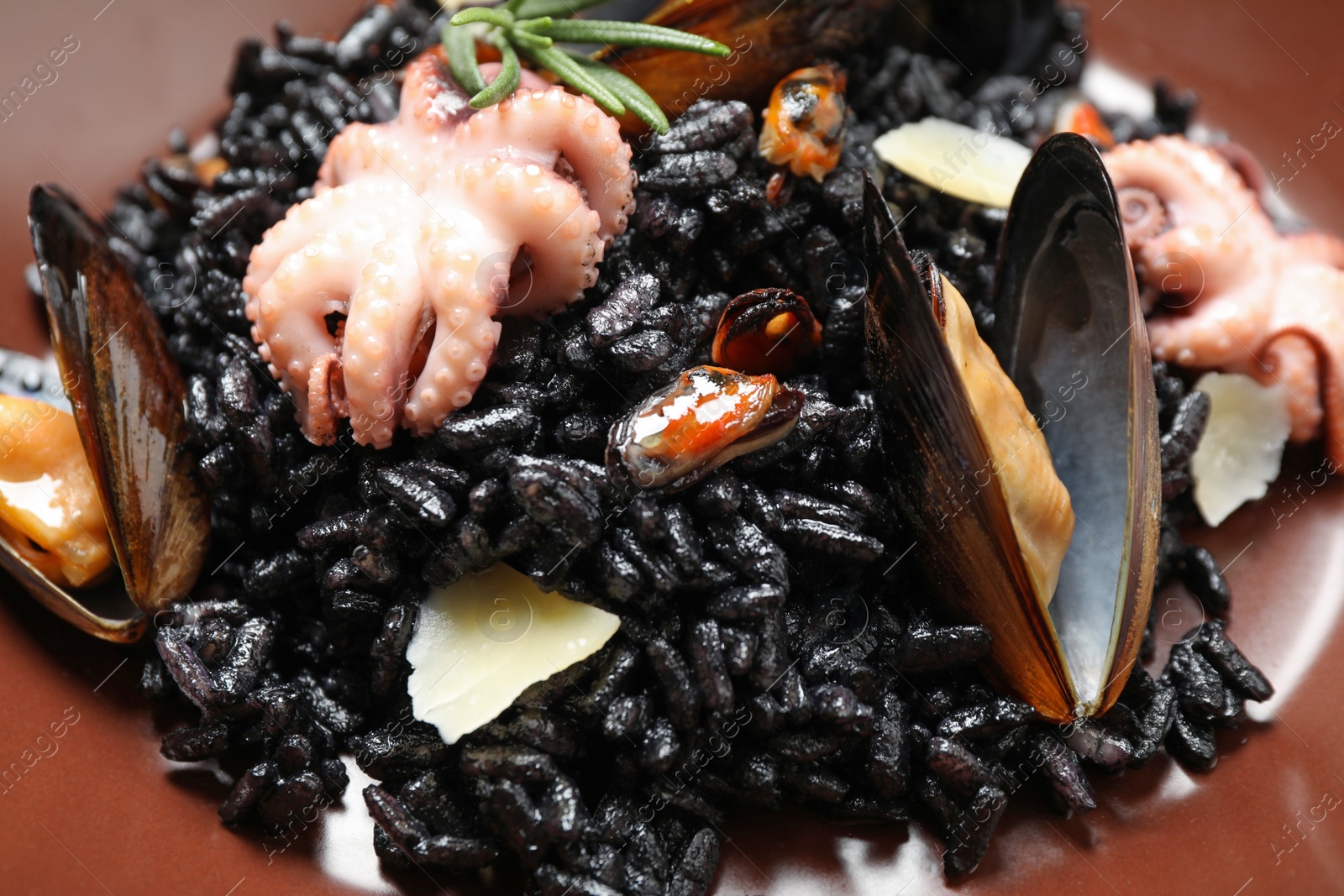 Photo of Delicious black risotto with seafood, closeup view