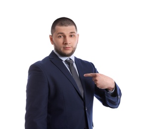 Photo of Man in suit pointing at himself on white background