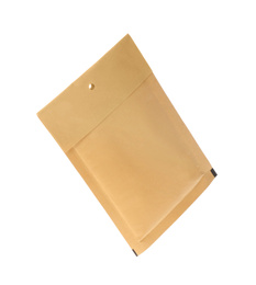 Photo of Kraft paper envelope isolated on white. Mail service