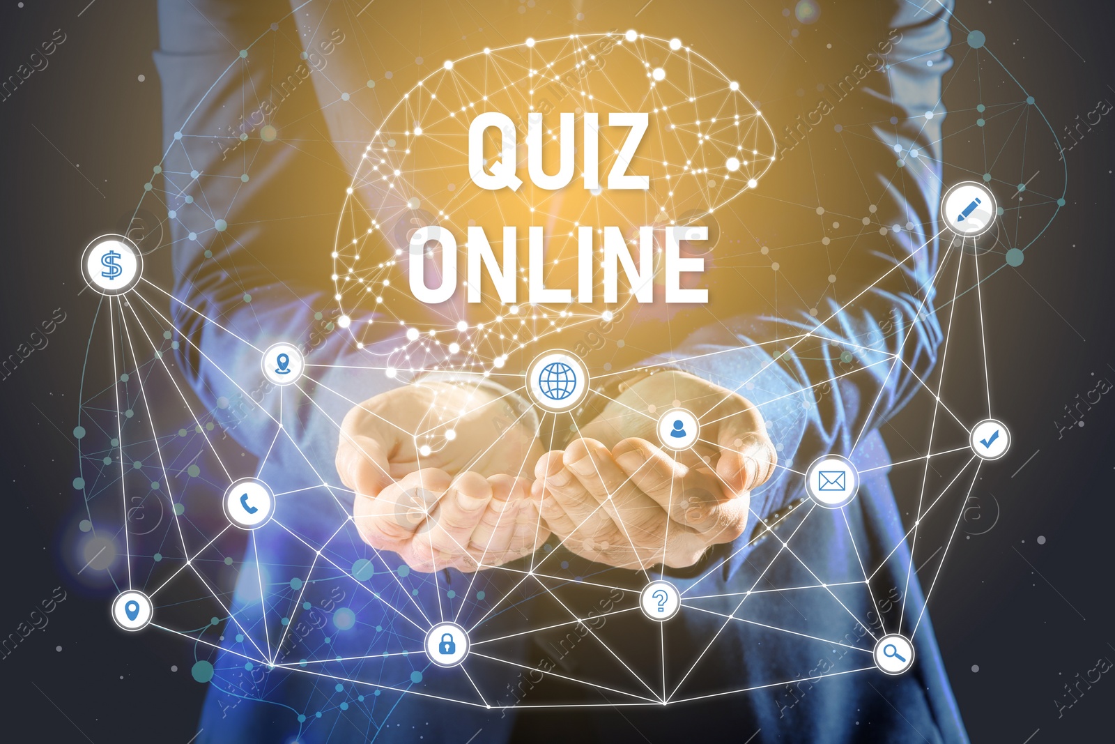 Image of Quiz online. Man demonstrating icons on virtual screen against dark background, closeup 