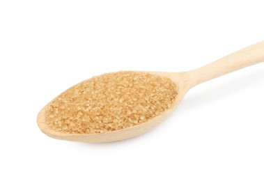 Photo of Wooden spoon with brown sugar isolated on white