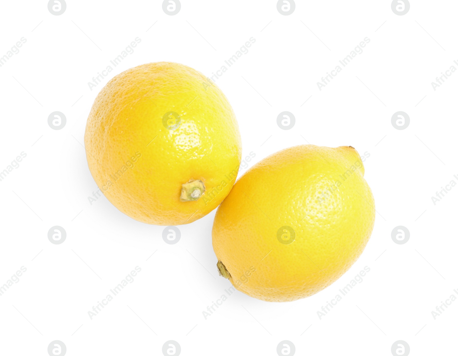 Photo of Fresh ripe lemons on white background, top view