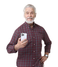 Portrait of happy grandpa using smartphone on white background