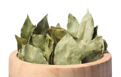 Aromatic bay leaves in wooden bowl on white background, closeup