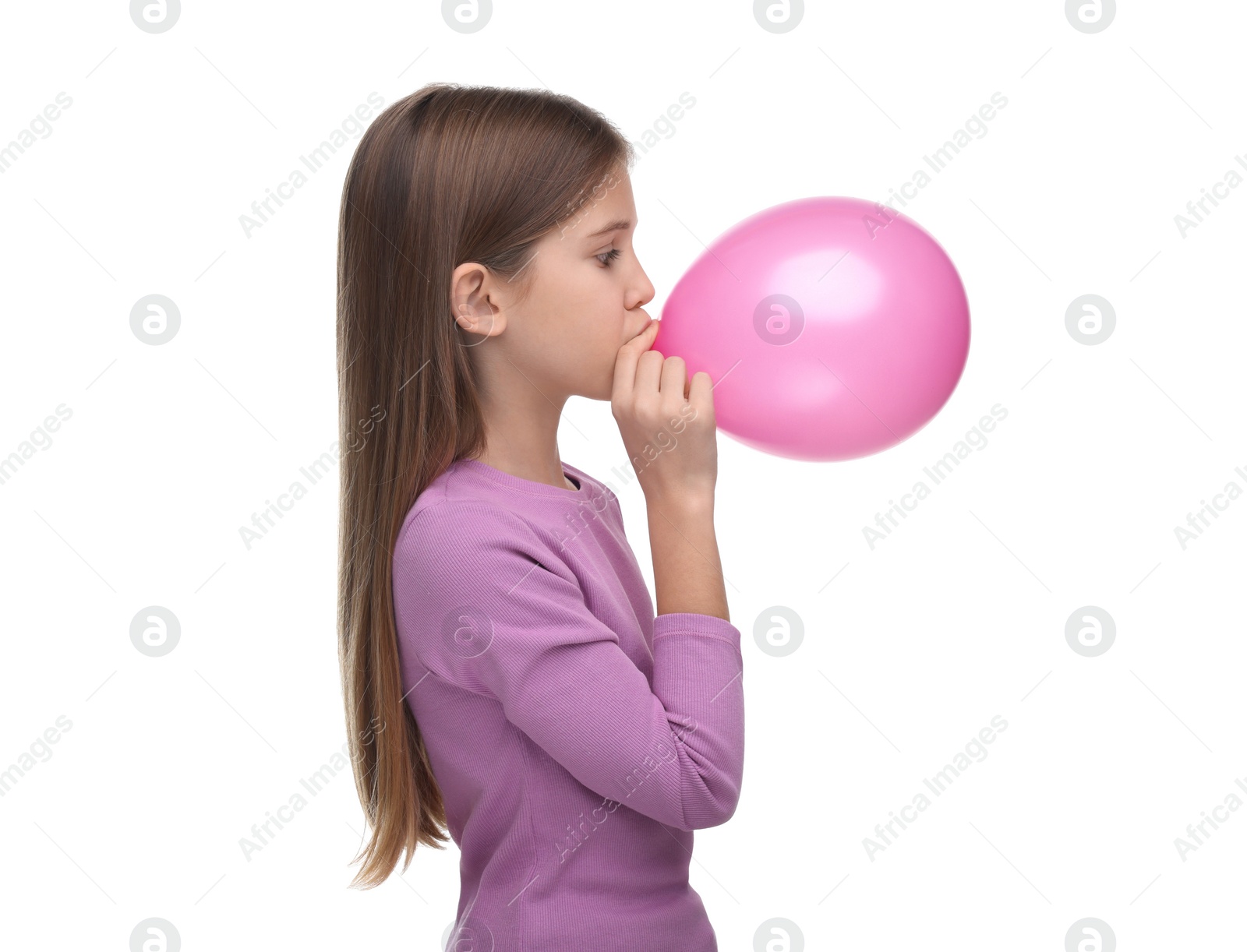 Photo of Girl inflating pink balloon on white background