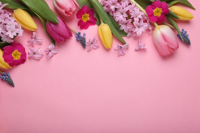 Beautiful different flowers on pink background, flat lay. Space for text