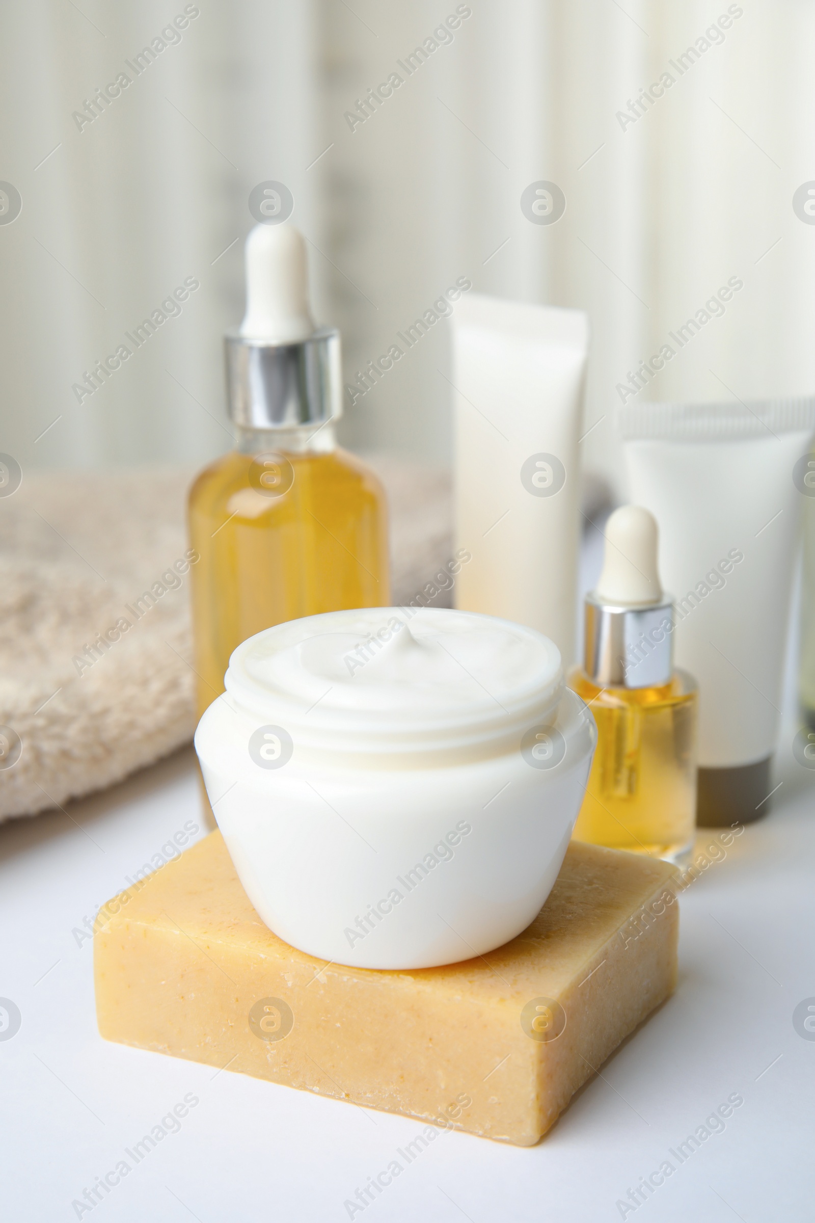 Photo of Composition with different body care products on table. Mockup for design