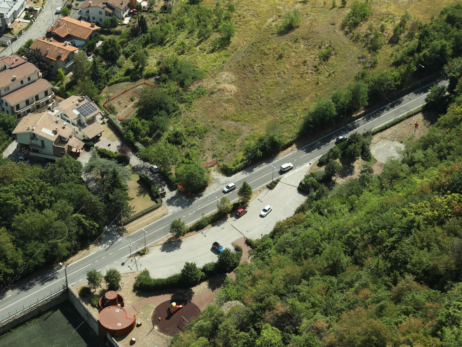 Photo of Aerial view of countryside on sunny day