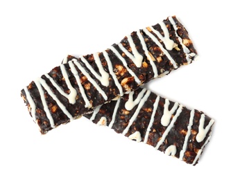 Photo of Grain cereal bars with chocolate on white background