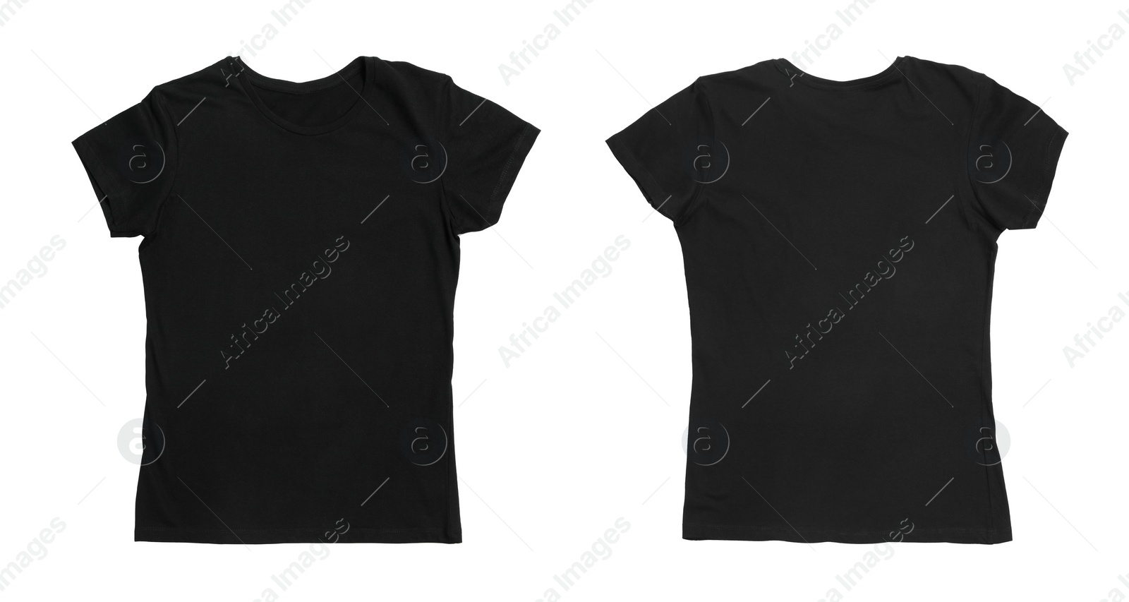 Image of Black t-shirt with space for design isolated on white. Back and front views