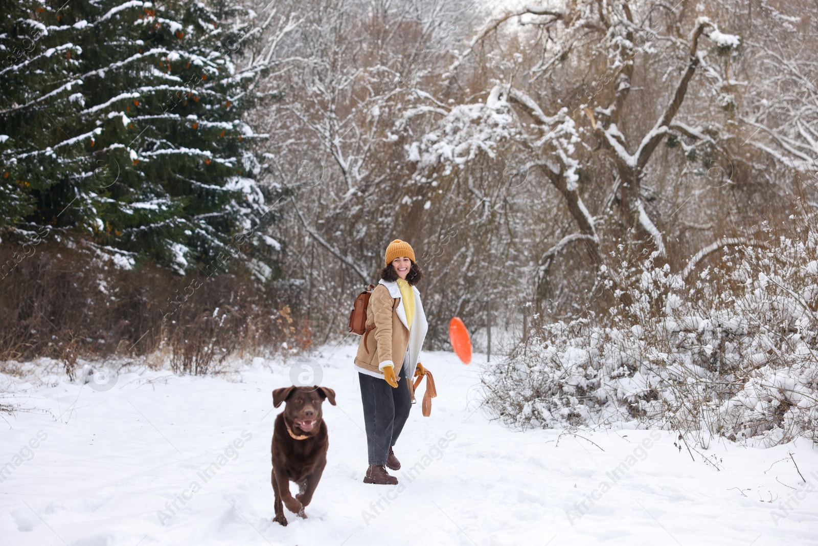 Photo of Woman and her dog playing with flying disk in snowy park