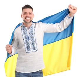 Happy man with flag of Ukraine on white background