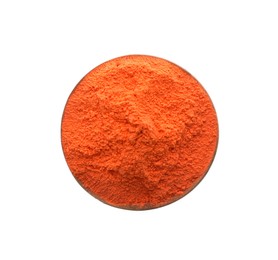 Photo of Orange powder in bowl isolated on white, top view. Holi festival celebration