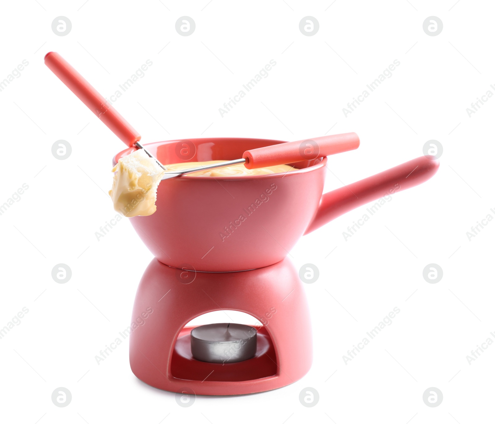 Photo of Pot of delicious cheese fondue and fork with bread on white background