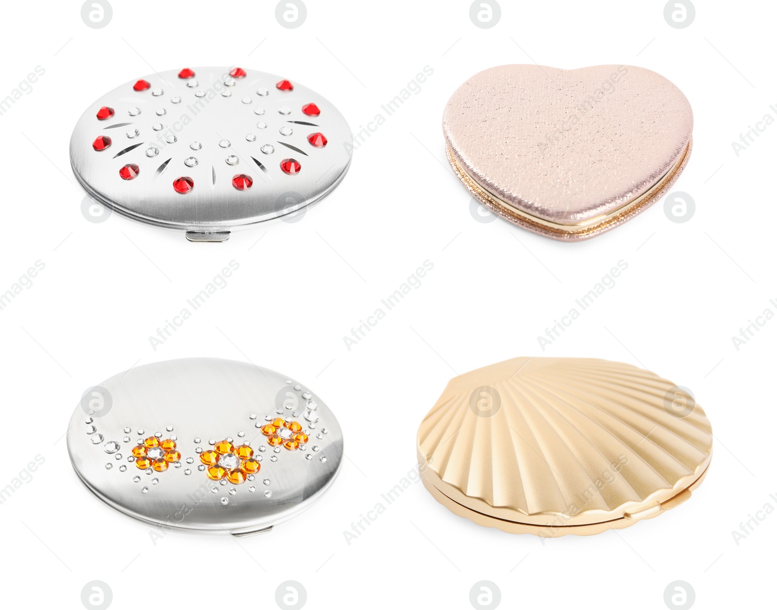 Image of Set with stylish pocket mirrors on white background 