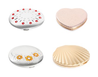 Image of Set with stylish pocket mirrors on white background 