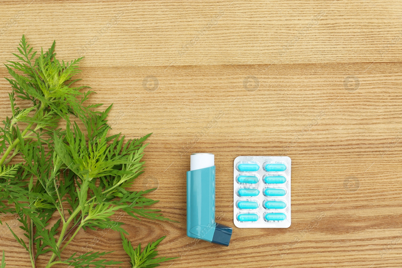 Photo of Flat lay composition with ragweed plant (Ambrosia genus) on wooden background. Seasonal allergy