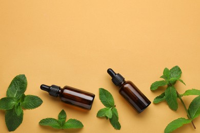 Photo of Bottles of essential oil and mint on pale orange background, flat lay. Space for text