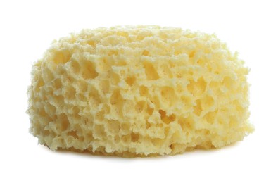 Photo of New yellow bath sponge on white background