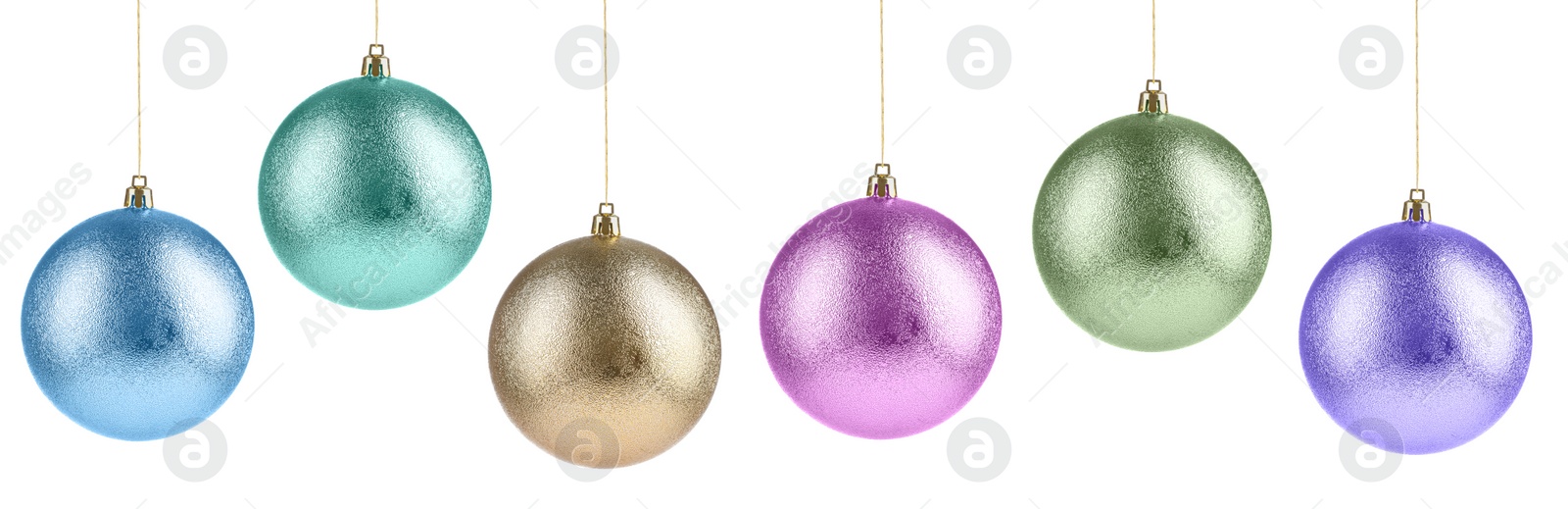 Image of Bright Christmas ball hanging on white background, collection