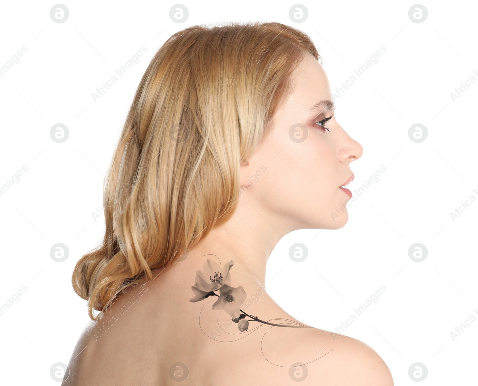 Image of Young woman with beautiful flower tattoo on white background