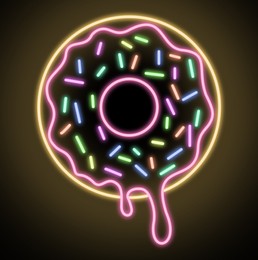 Illustration of Doughnut glowing neon sign on black background