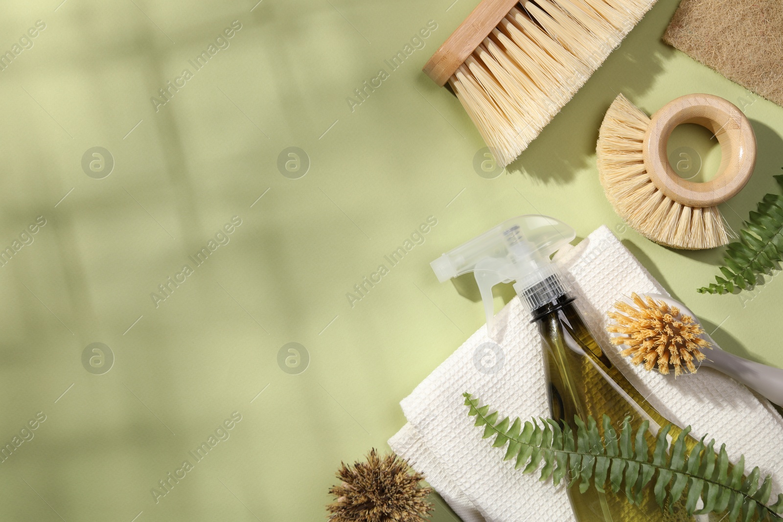 Photo of Flat lay composition with different cleaning supplies on green background, space for text