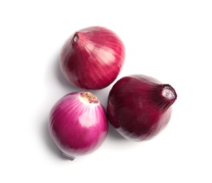 Photo of Ripe red onions on white background