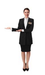 Photo of Full length portrait of happy young receptionist in uniform on white background