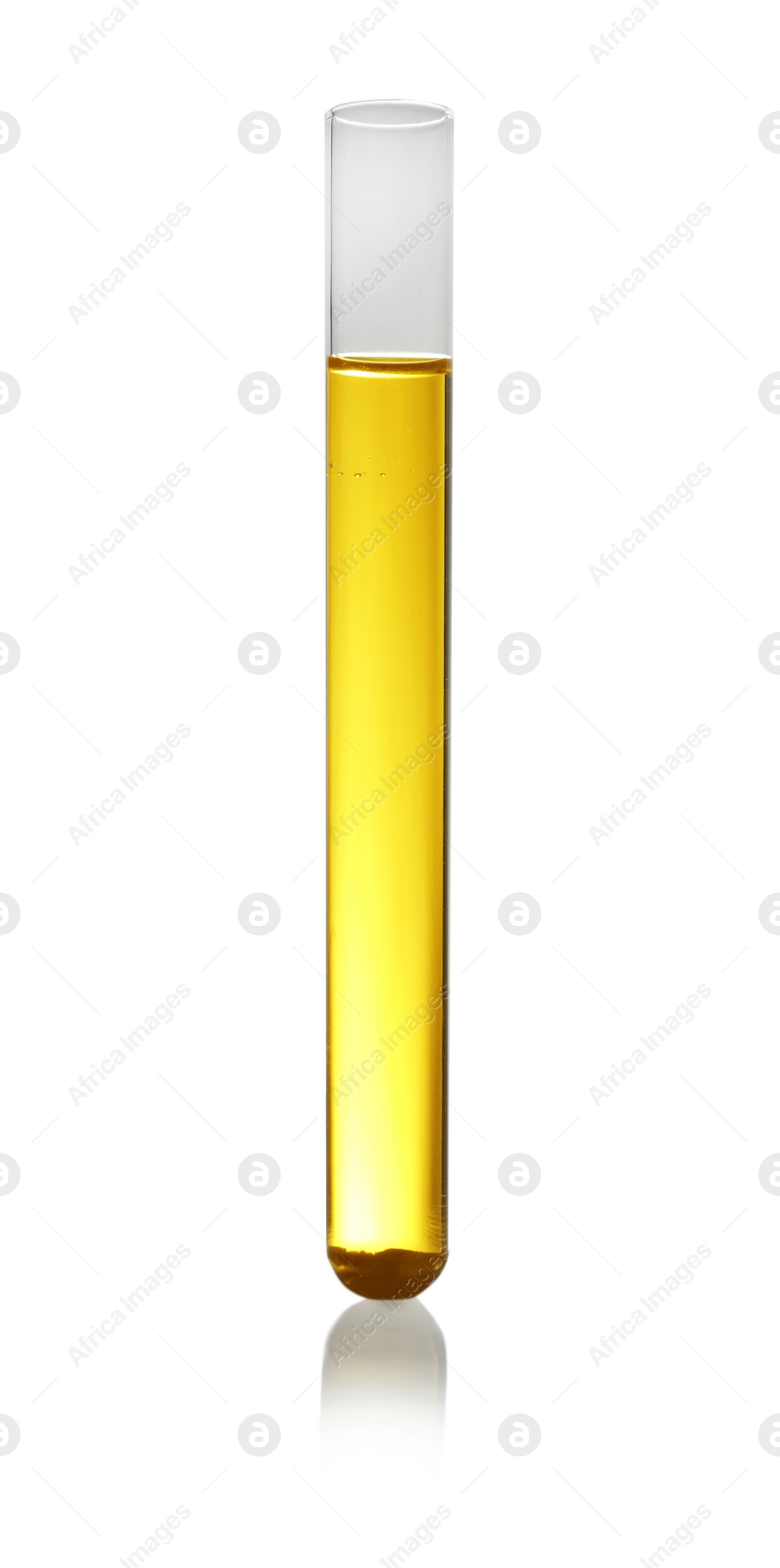 Photo of Test tube of color liquid isolated on white. Solution chemistry