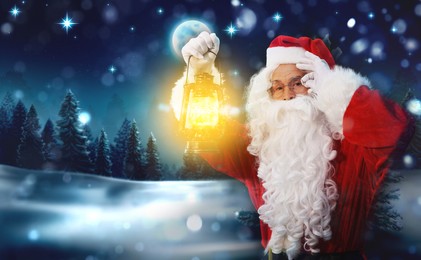 Santa Claus with glowing lantern in winter forest. Christmas magic