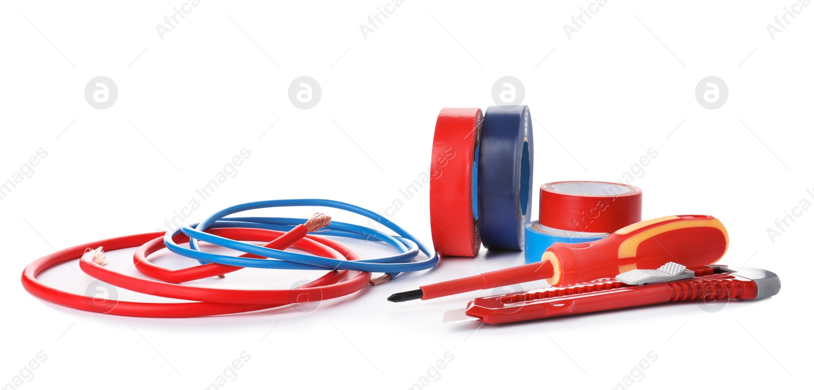 Photo of Set of electrician's tools on white background