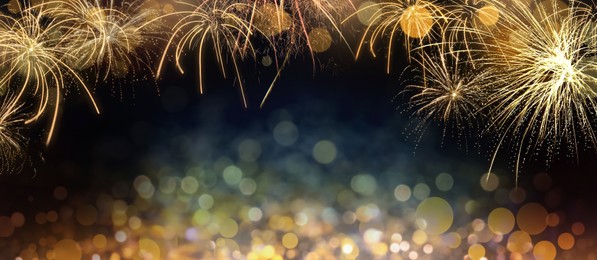 Image of Abstract festive background with fireworks, bokeh effect. New Year celebration