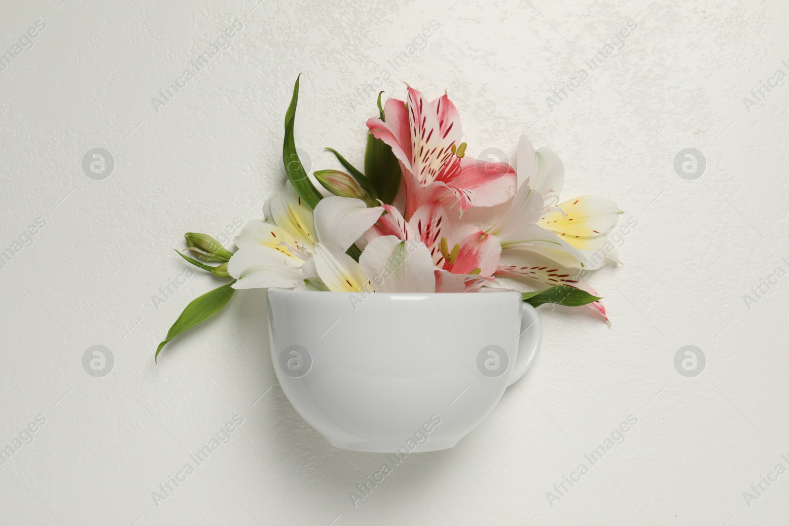 Photo of Composition with cup and beautiful flowers on light background