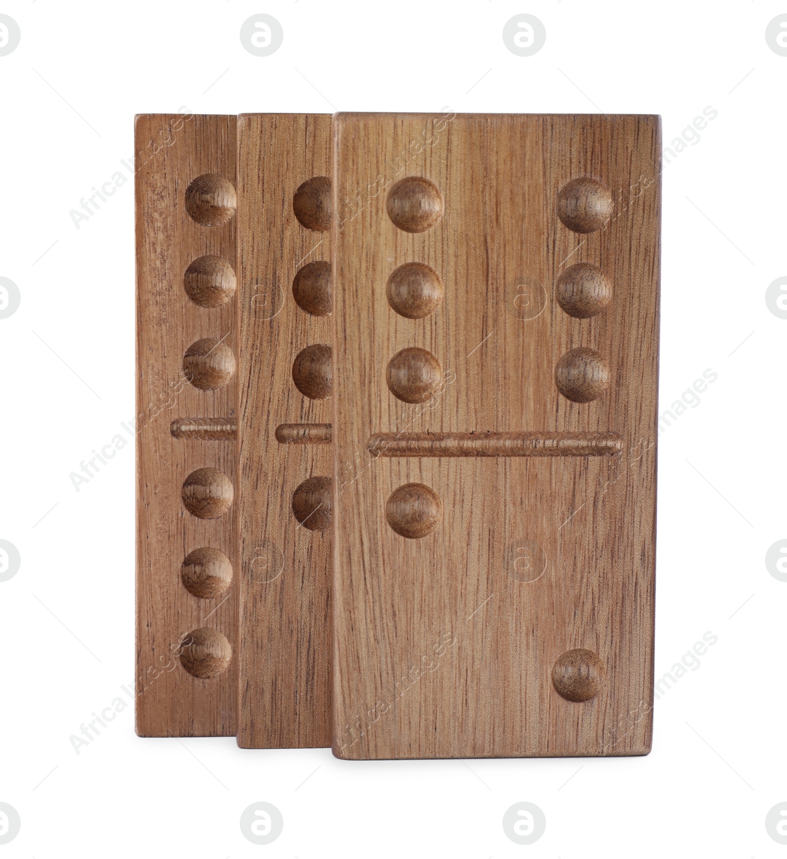 Photo of Wooden domino tiles with pips isolated on white